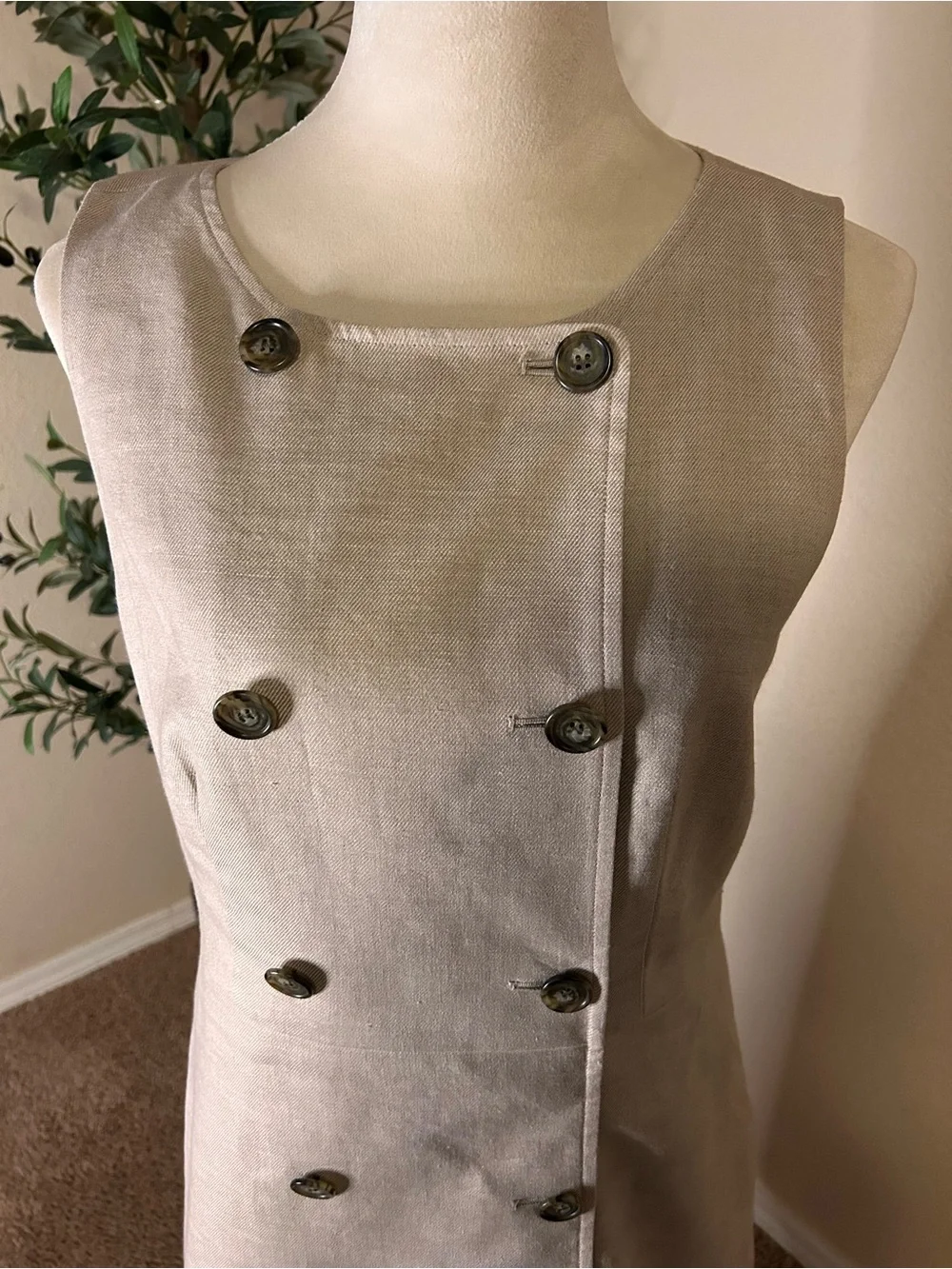 J. Crew Sleeveless Double-Breasted Midi Dress Linen Beige